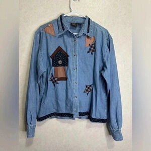 Women’s Denim Patches Patriotic US American Flag Button Down Shirt Top Large